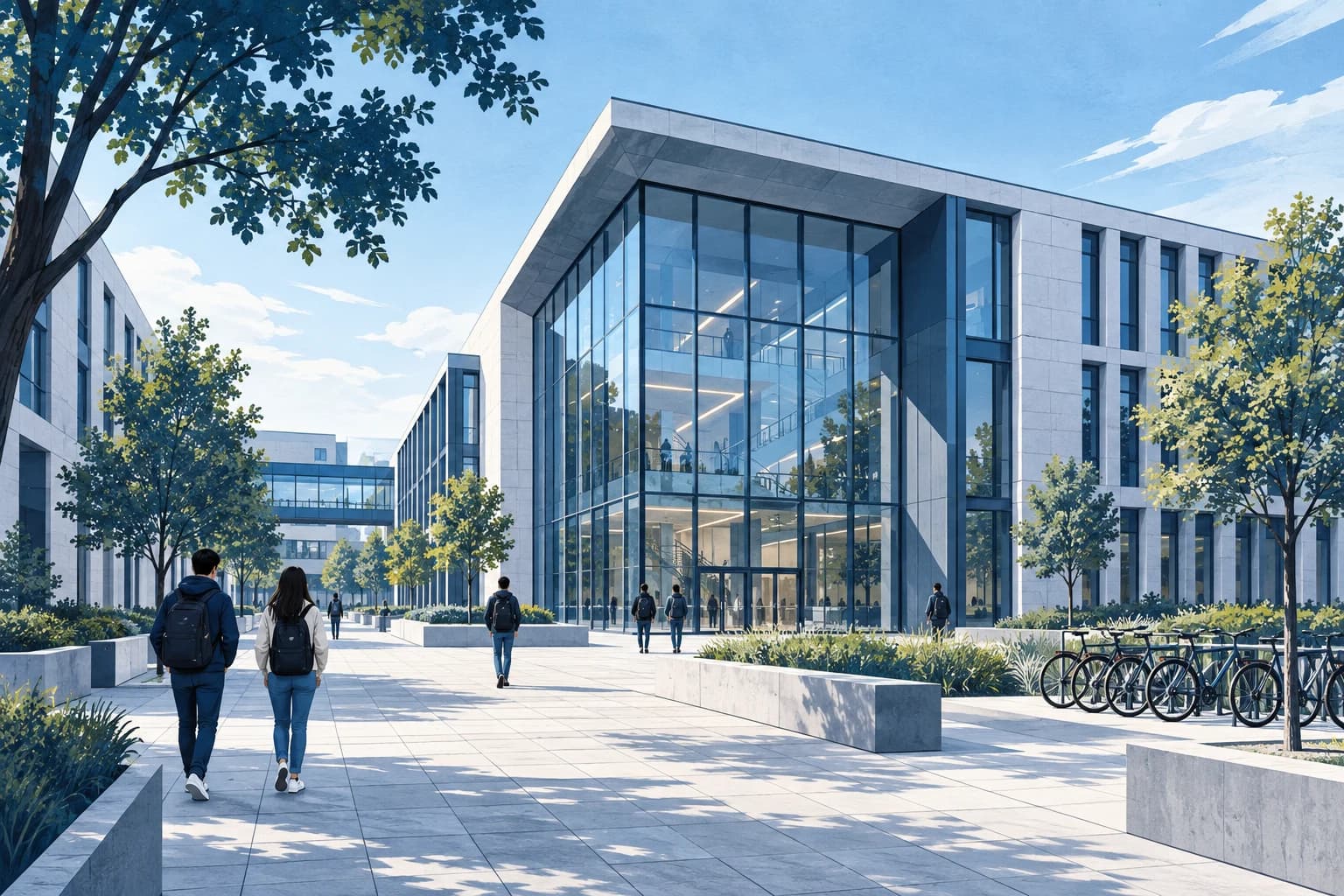 Illustration of a contemporary German university campus with students, bicycles, and glass-fronted academic buildings